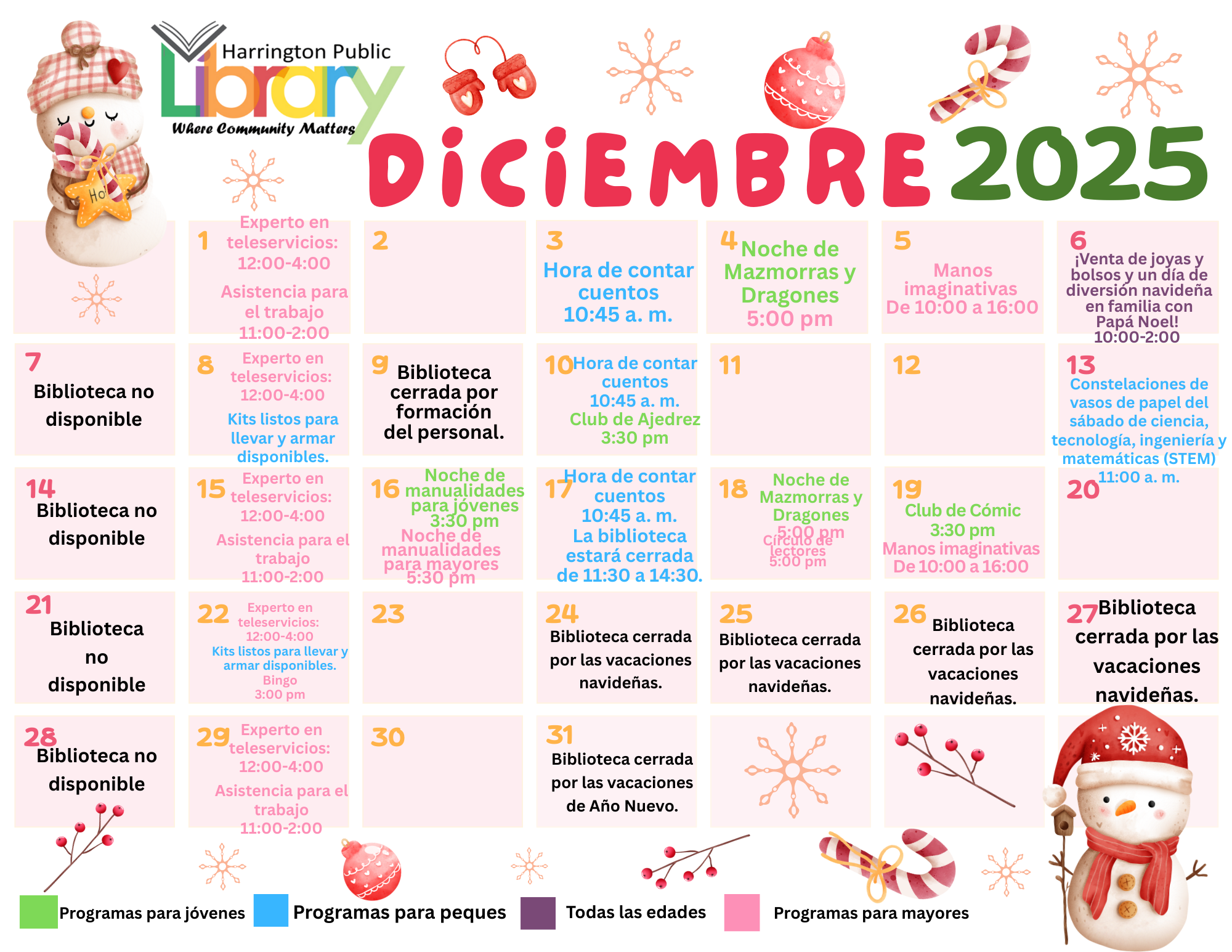 Harrington Library December Calendar of Events In Spanish